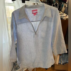 Isaac Mizrahi Baby Blue LINEN blouse with ties ons sides